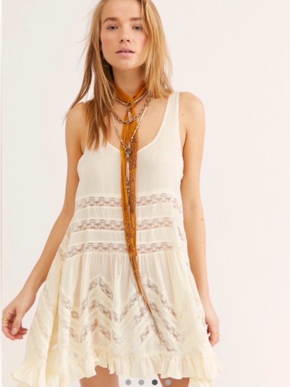 Free People Cream Lace Trim Sleeveless Babydoll Top